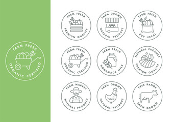 Vector set of logos, badges and icons for natural farm and health products. Collection symbol of localy grown and organic food.