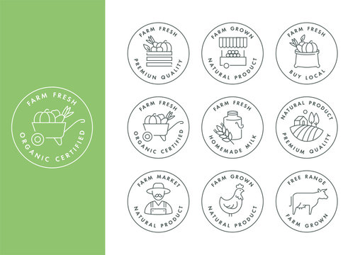 Vector set of logos, badges and icons for natural farm and health products. Collection symbol of localy grown and organic food.