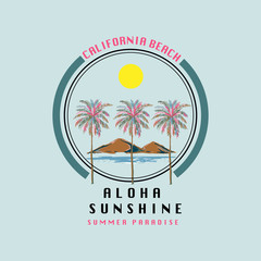 Beautiful Vector circle Illustration Tropical Palm tree and mountain Design for T-shirt and all Graphic type  Summer Fashion Design with Typography California beach