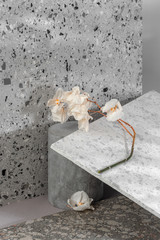 Modern interior composition using various stone textures and a dried flower..