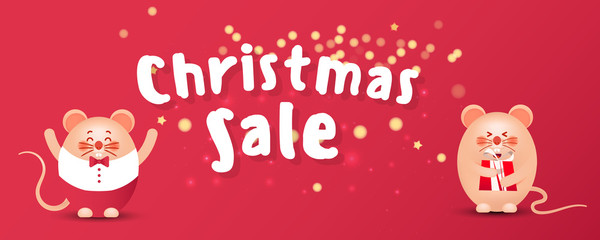 Fototapeta na wymiar Merry Christmas sale banner with cute rats or mice and gifts on a red background. Greeting card, poster or web banner.