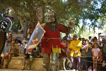 Knights are fighting on the battlefield during the festival "Jerusalem Knights 2019"