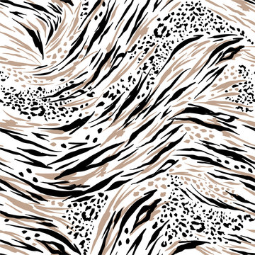 Animal skin tiger ,and cheetah,lepard in safari mood in the wave way seamless pattern in vector , Design for fashion ,fabric, web, wallpaper , wrapping ,