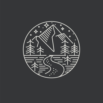 Vector liear icon or logo mountains. Traveling emblem or round badge with mountains landscape. Design for t-shirt and print.