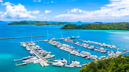 Beautiful port yachts and boats in marina bay, Aerial view of yachts and boat in the marina clear...