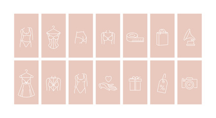 Vector set design colorful templates icons and emblems - social media story highlight. Different underwear shop icons in trendy linear style isolated on white background.