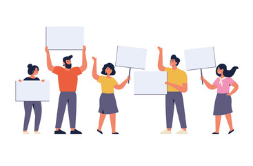 Vector illustration set of smiling young men and women holding clean placards. People characters demonstrating empty banners.