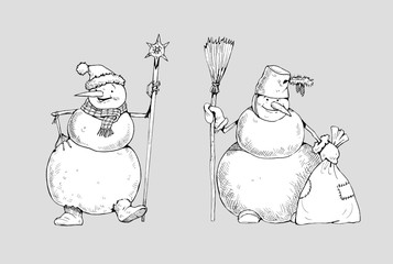 Funny snowmen. Merry christmas illustration. Christmas Card for Happy New Year.