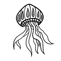 Jellyfish with various curly details. Hand drawn black and white illustration for a coloring book. Beautiful abstract art.