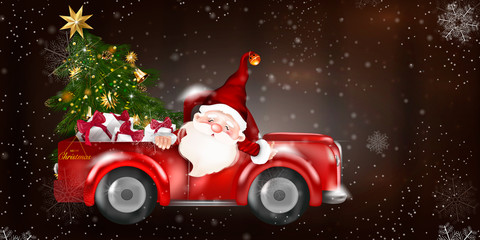 Merry Christmas design card with Santa Claus driving red car on snowy hills.