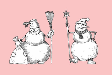 Funny snowmen. Merry christmas illustration. Christmas Card for Happy New Year.