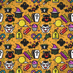 Halloween seamless pattern . Hand drawn background. Pattern with pumpkin, bat, spider, potion. Sketch vector illustration.