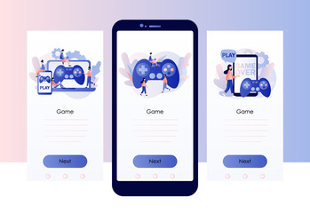 Gaming concept. People gamers playing online video game. Screen template for mobile smart phone. Modern flat cartoon style. Vector illustration