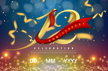 12 years anniversary logo template on gold and blue background. 12th celebrating golden numbers with red ribbon vector and confetti isolated design elements