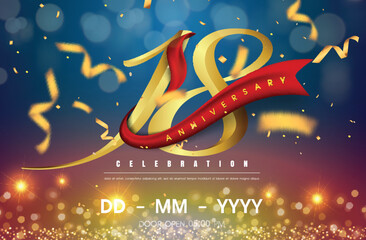 18 years anniversary logo template on gold and blue background. 18th celebrating golden numbers with red ribbon vector and confetti isolated design elements