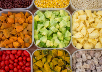 Mixed Boiled Fruit, food choices for good, top view.