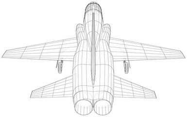 Outline Airplane. Vector rendering of 3d. Wire-frame style. The layers of visible and invisible lines are separated.