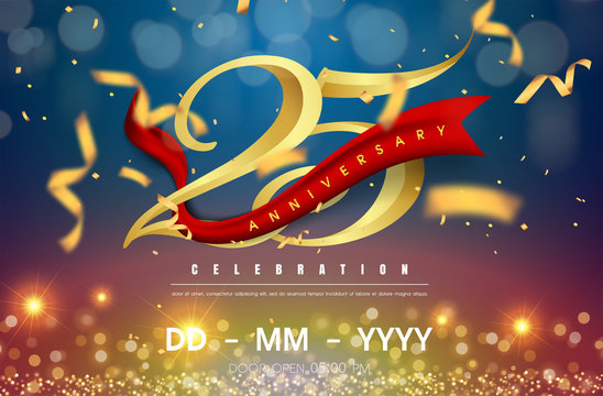25 years anniversary logo template on gold and blue background. 25th celebrating golden numbers with red ribbon vector and confetti isolated design elements