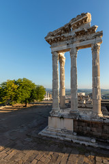 Ruins and columns of Temple of Trajan at Acropolis of Pergamon, Turkey. UNESCO world heritage site