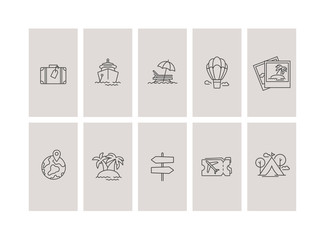 Vector set design colorful templates icons and emblems - social media story highlight. Travel agency and different types of tourism icons in trendy linear style isolated on white background.