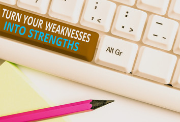 Writing note showing Turn Your Weaknesses Into Strengths. Business concept for work on your defects to get raid of them White pc keyboard with note paper above the white background