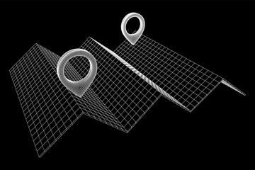 Geo map pin with folding map wireframe mesh