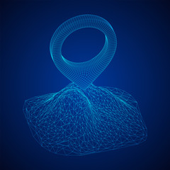 Geo map pin on mountain peak top wireframe mesh
