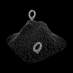 Geo map pin on mountain peak top wireframe mesh