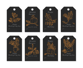 Vector linear design Harvest festival greetings elements. Fall tags set with typography and colorful icon.
