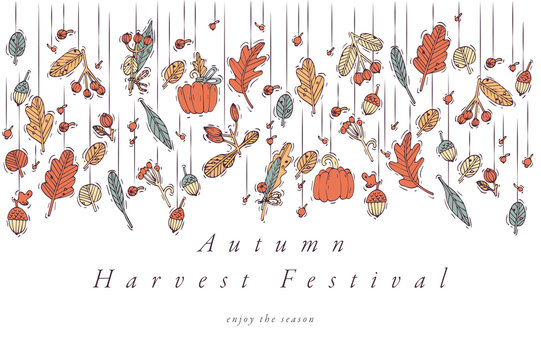 Vector Linear Design Harvest Festival Greetings Card. Typography Ang Icon For Autumn Holiday Background, Banners Or Posters And Other Printables.