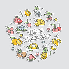 Vector illustration in linear style for World Health Day lettering and surrounded by fruits foods. Healthy nutrition and active lifestyle.