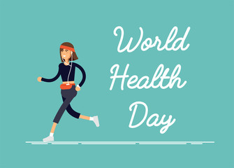 Vector illustration celebratory card World Health Day with feamel performing physical exercise, fitness workout, sports.