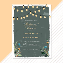 rehearsal dinner invitation with vintage floral and string light background