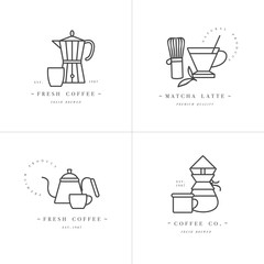 Vector set design colorful templates logos and emblems - coffee shop and cafe. Food icon. Labels in trendy linear style isolated on white background.