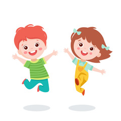 Cartoon Children Jumping On White Background Vector Illustration. Happy Girl And Boy Jumping Together. Happy Cartoon Child Playing Vector.