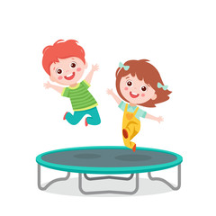 Cartoon Children Jumping On Trampoline On White Background Vector Illustration. Happy Girl And Boy Jumping Together On Trampoline. Happy Cartoon Child Playing Vector.