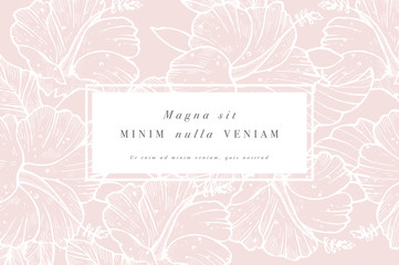 Vintage card with hibiscus flowers. Floral wreath. Flower frame for flowershop with label designs. Summer floral rose greeting card. Flowers background for cosmetics packaging.