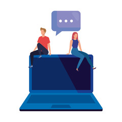 young couple sitting in laptop with speech bubble vector illustration design