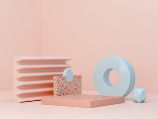  Minimal podium. Scene with geometrical forms. Pink, blue and terrazzo shapes on pastel colors abstract background. Empty showcase for cosmetic product presentation. Fashion magazine. 3d render. 