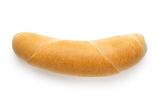Long white bread roll isolated on white. Top view.
