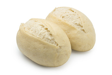 Two part baked white french bread rolls isolated on white.