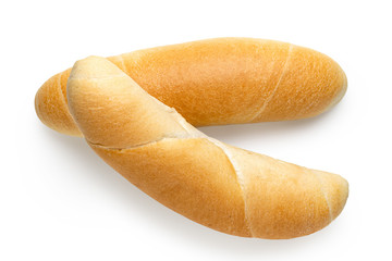 Two long white bread rolls isolated on white. Top view.