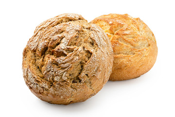 Two round rustic bread rolls isolated on white. White and whole wheat.