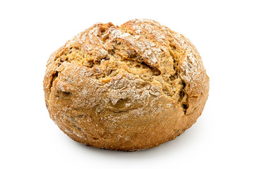 Round rustic whole wheat bread roll isolated on white.