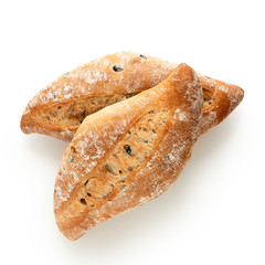 Two ciabatta olive bread rolls isolated on white. Top view.