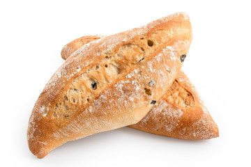 Two ciabatta olive bread rolls isolated on white.