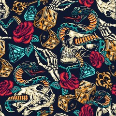 Materiał do szycia Vintage tattoos colorful seamless pattern