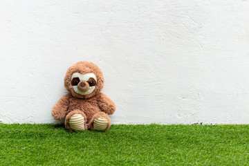 Stuffed animals sitting on the grass against a white wall © Cara
