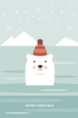 Polar bear in knitted hat. Christmas card, Happy New Year's card