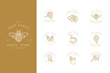 Vector set illustartion logos and design templates or badges. Organic and eco honey labels and tags with bees. Linear style and golden color.